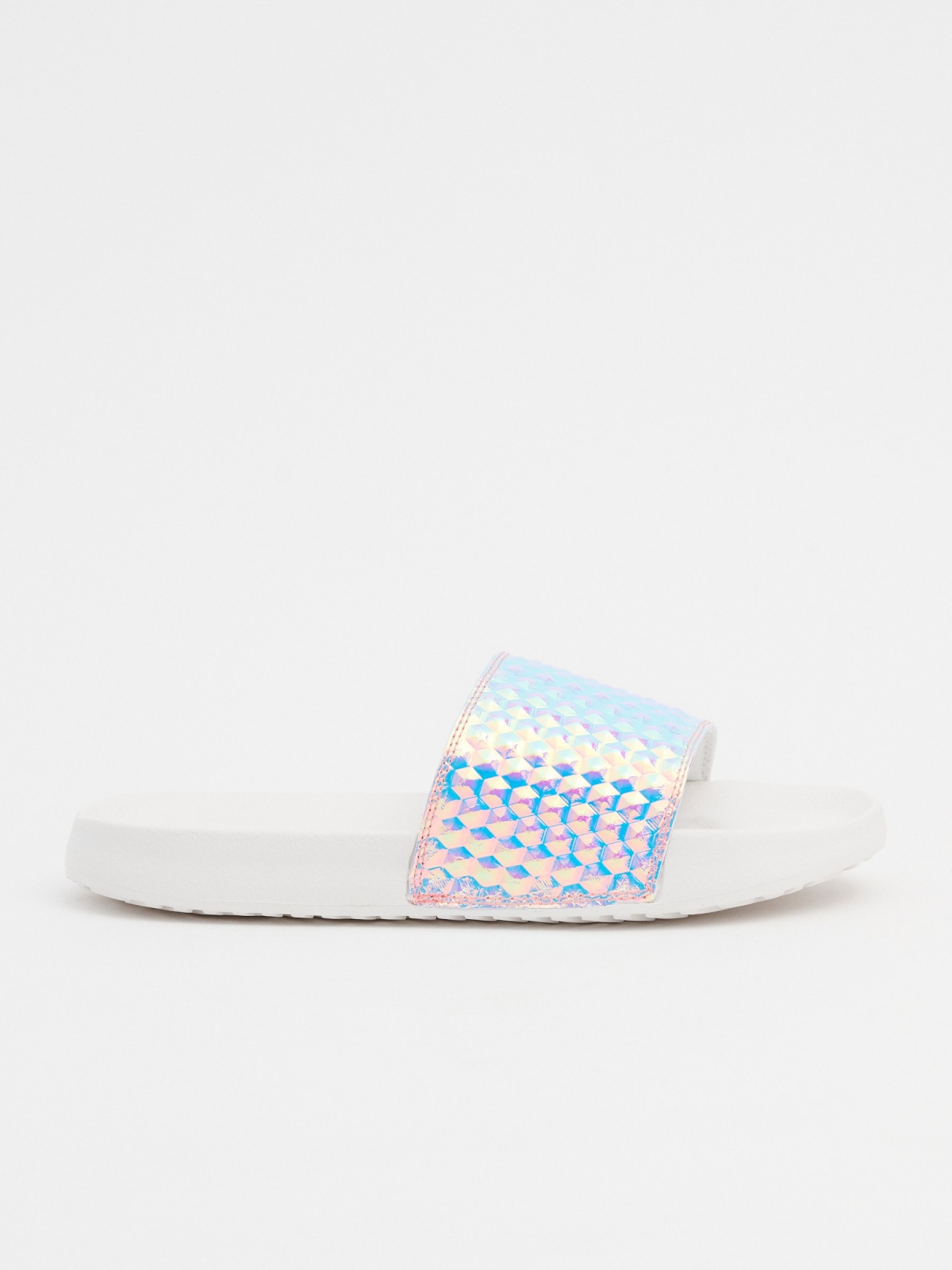 Holographic shovel flip-flops white lateral view
