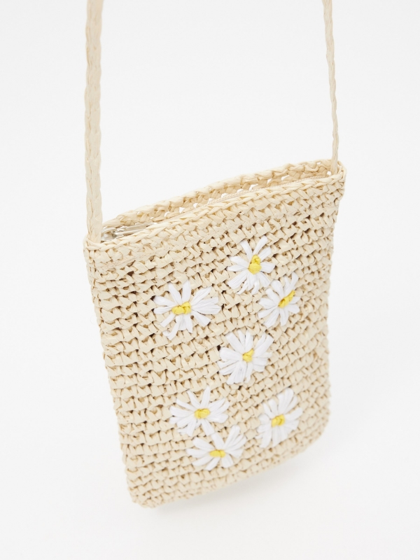 Bolso fibra natural de flores beige vista lateral 45º