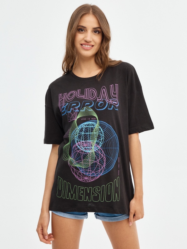 T-shirt oversized Holiday Error preto vista meia frontal