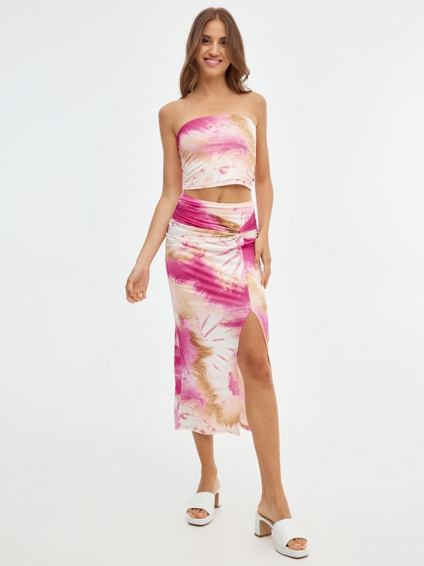 Knotted tie&dye midi skirt fuchsia middle front view