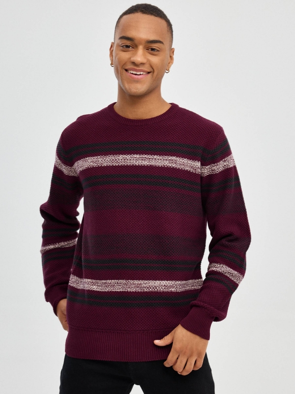Coloured striped jumper burgundy middle front view