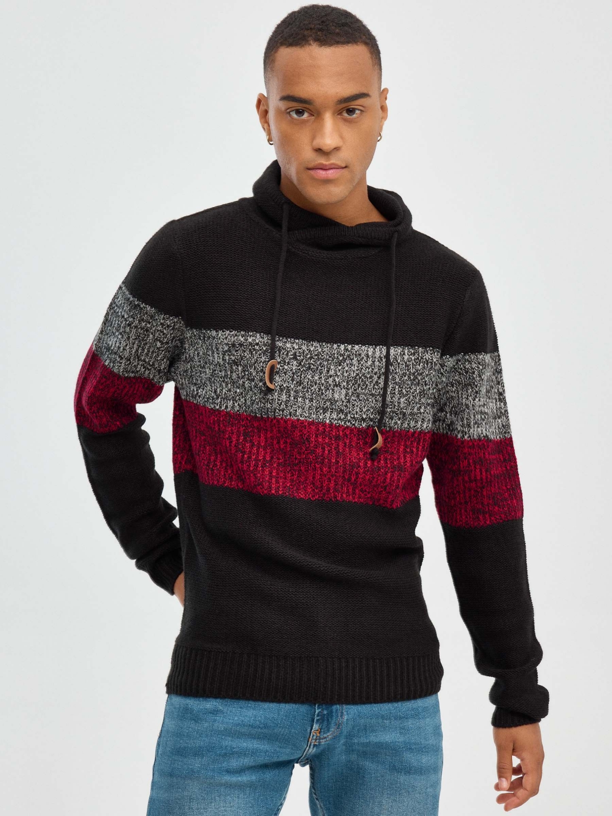 Striped jumper with laces black middle front view