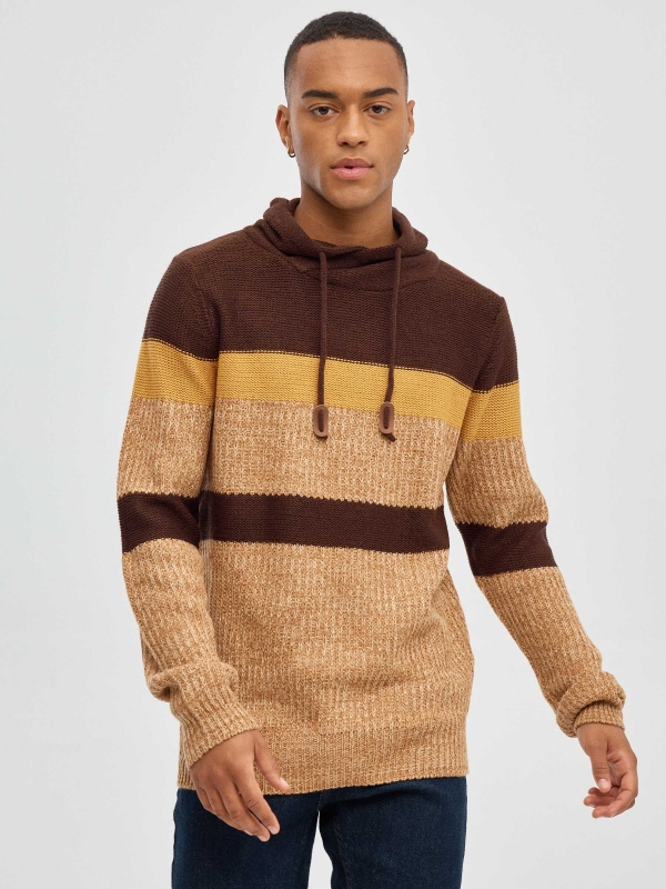 Striped sweater with collar chocolate middle front view