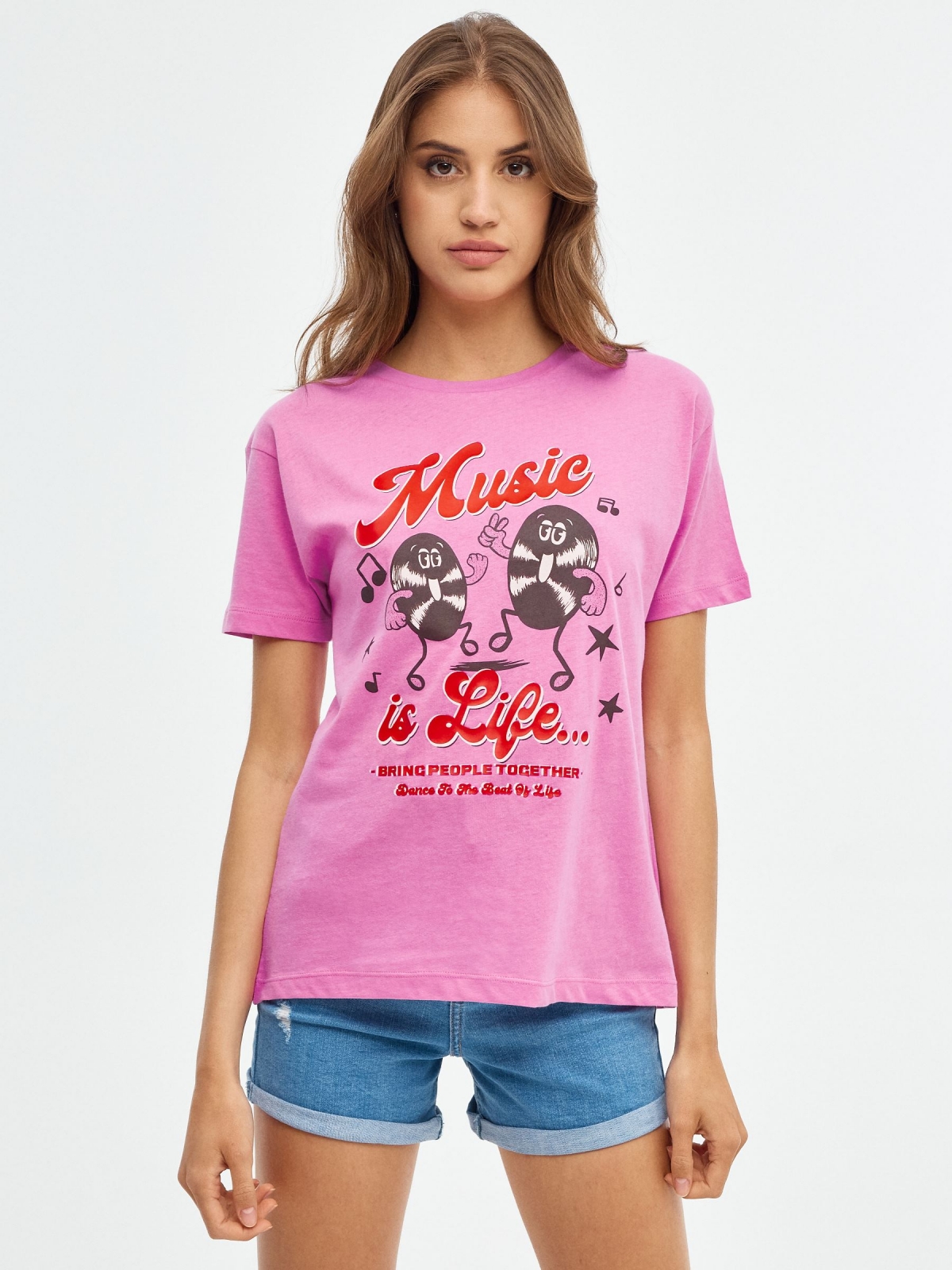 Camiseta oversized Music rosa vista media frontal