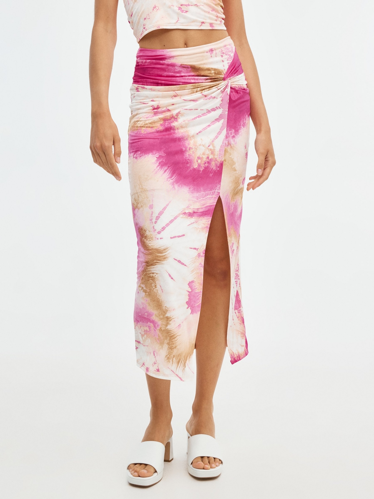 Knotted tie&dye midi skirt fuchsia middle back view