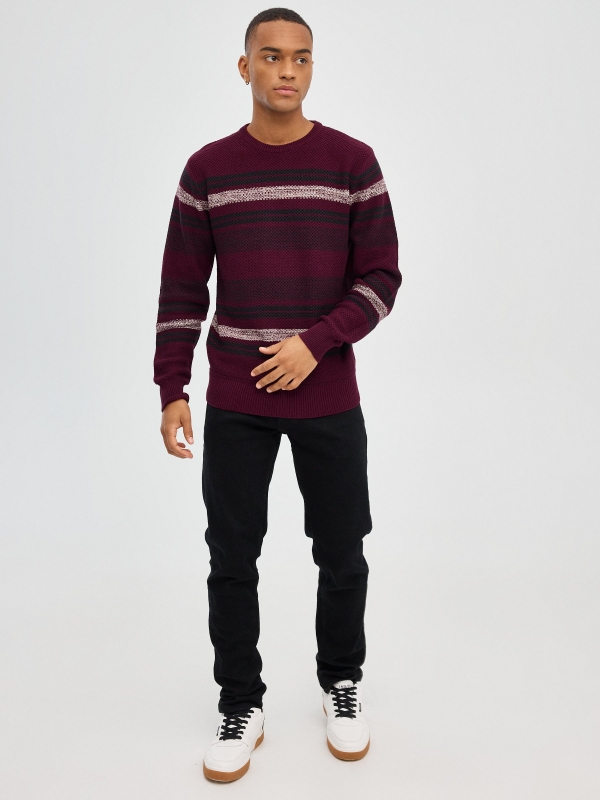 Coloured striped jumper burgundy front view