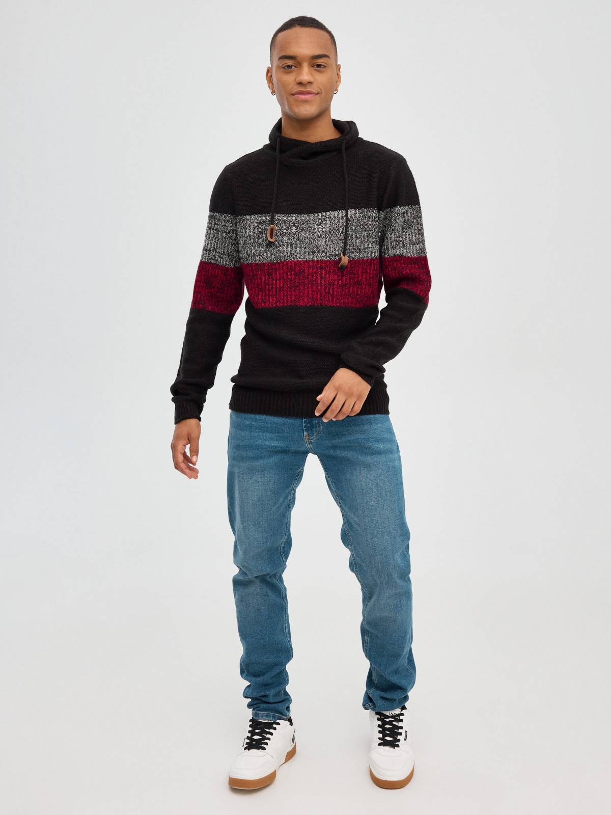 Striped jumper with laces black front view