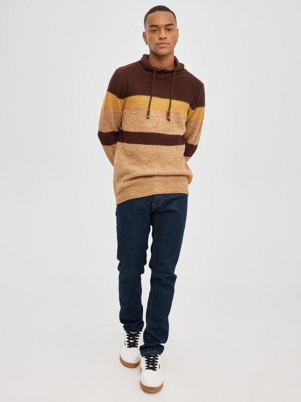 Striped sweater with collar chocolate front view