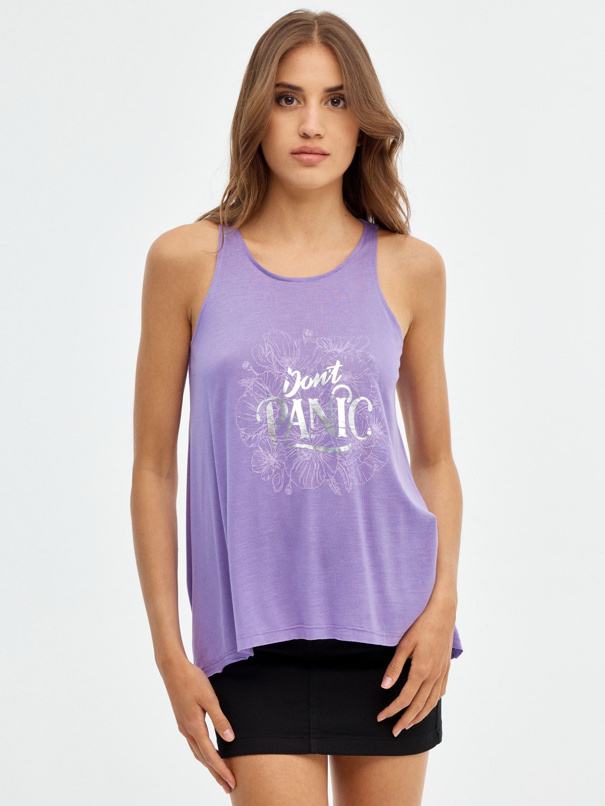 Don't Panic fluid T-shirt lilac middle front view