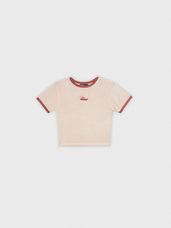  T-shirt crop bordado rosa claro