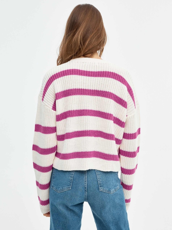 Round neck sweater with stripes fuchsia middle back view