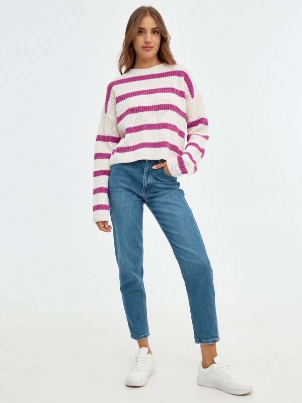 Round neck sweater with stripes fuchsia front view