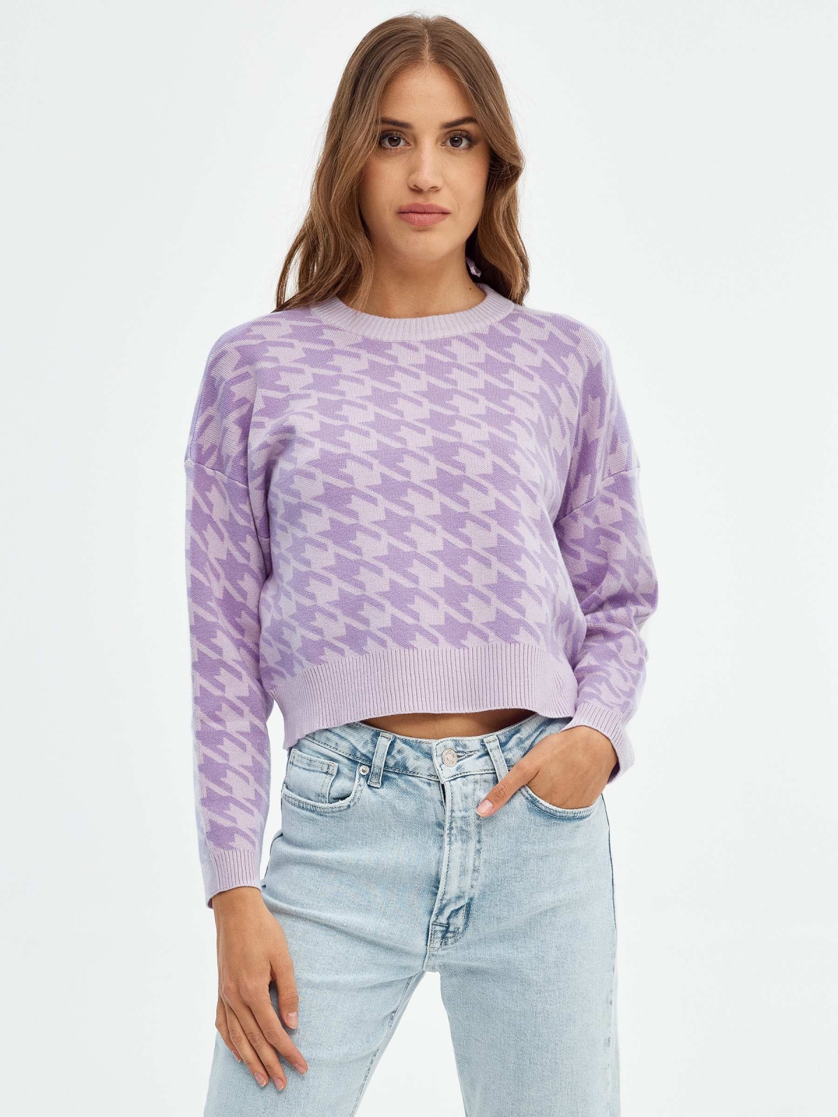 Houndstooth jacquard jumper mauve middle front view