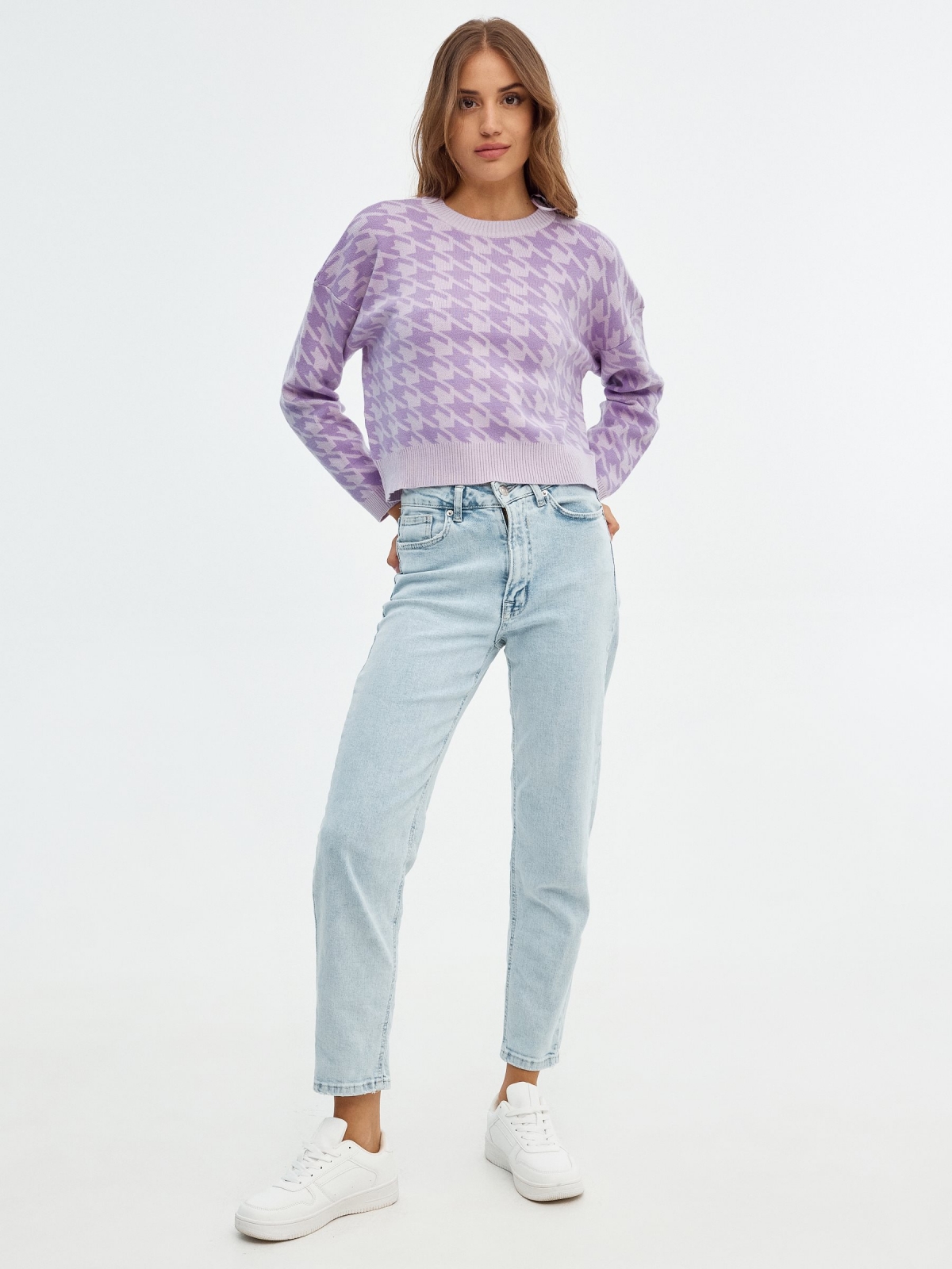 Houndstooth jacquard jumper mauve front view