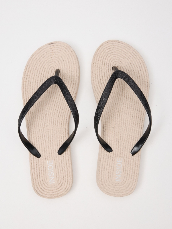 Beach flip flops with shiny toe strap black/beige