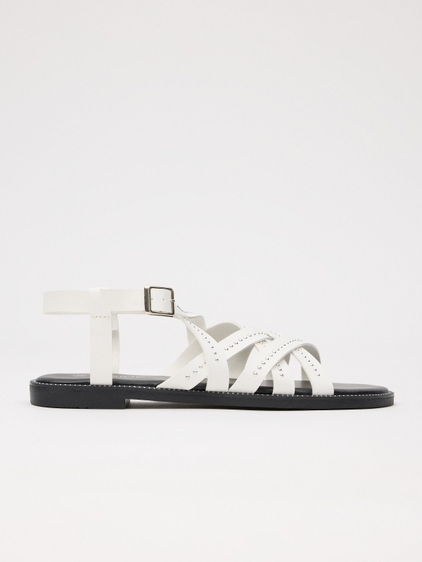 Sandal with crossed straps and studs white