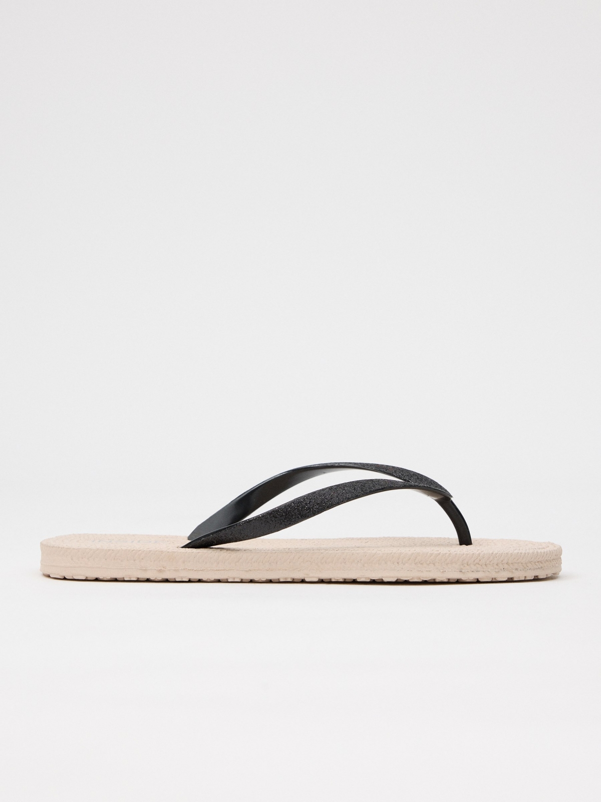 Beach flip flops with shiny toe strap black/beige lateral view