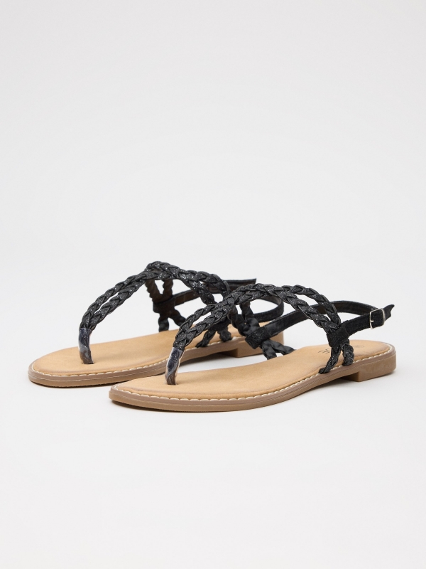 Braided toe sandal with glitter black/beige 45º front view