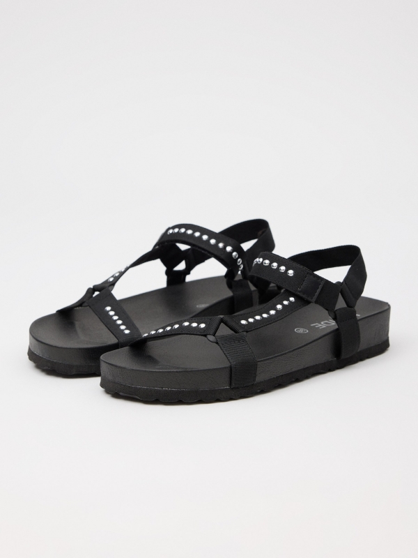Sport strappy sandals with studs black 45º front view