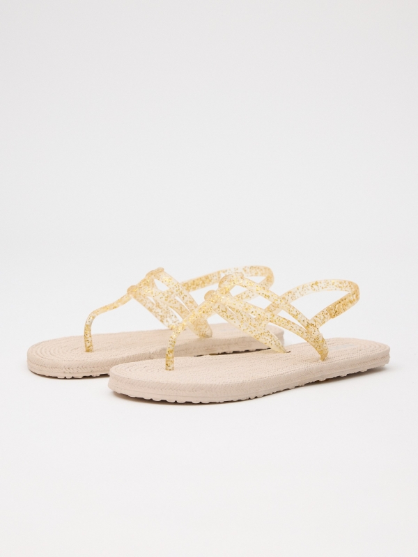 Beach flip flops shiny strap golden/silver lateral view