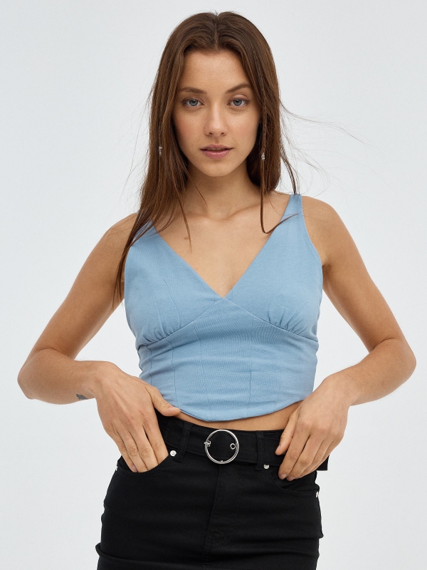 Corset style crop top steel blue middle front view
