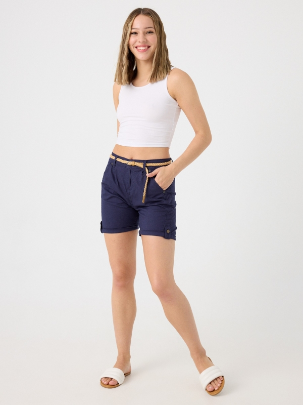 Braided belt shorts blue front view