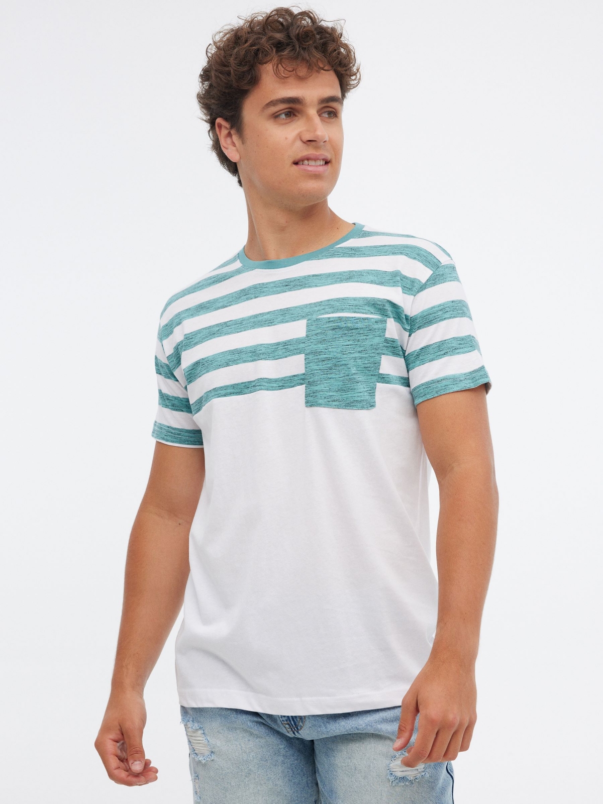 Striped T-shirt with pocket green middle front view