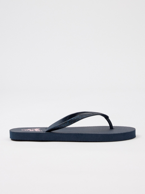 Beach flip flops with shiny straps navy lateral view