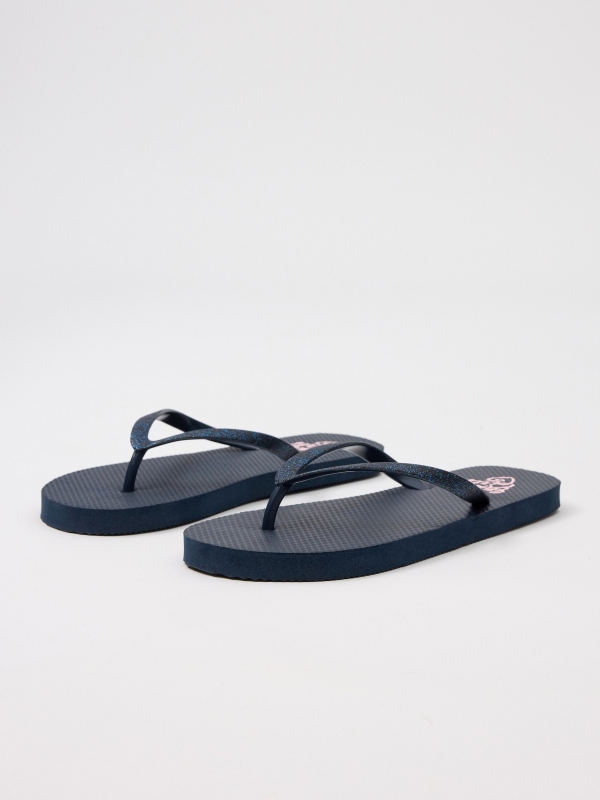 Beach flip flops with shiny straps navy 45º front view
