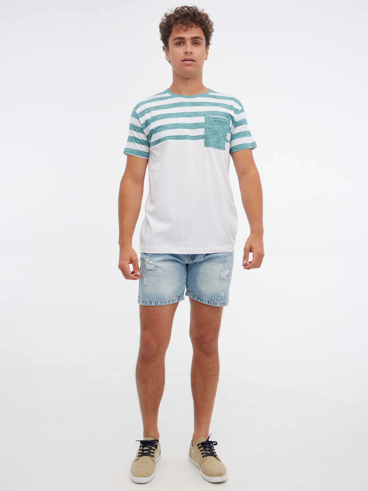Striped T-shirt with pocket green front view