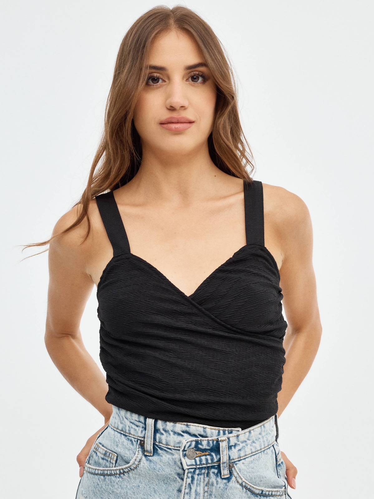 Draped straps top black middle front view