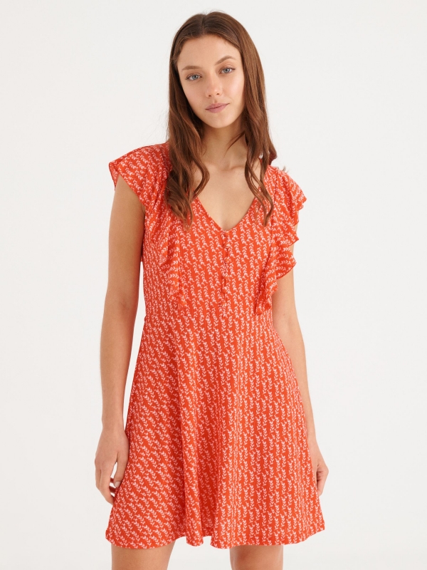 Ruffle print dress coral middle front view