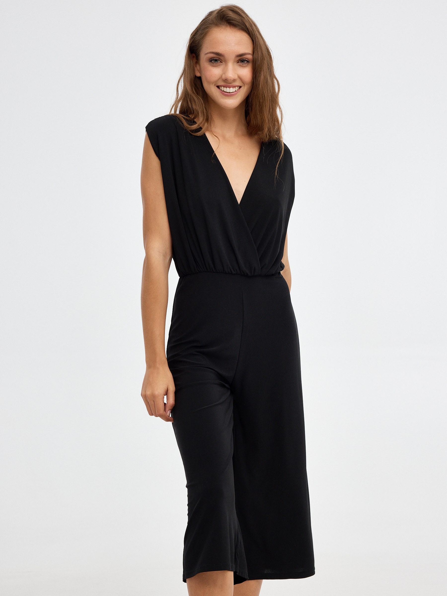 V-neck jumpsuit black front view