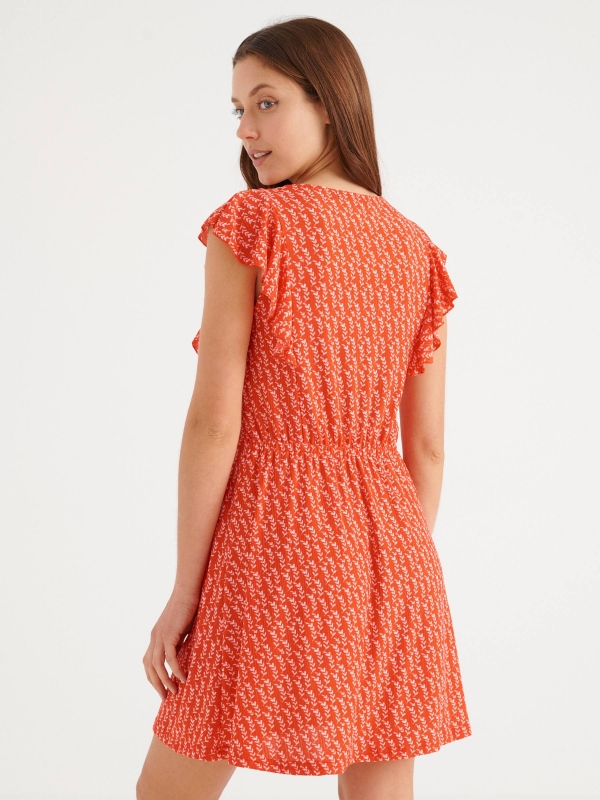 Ruffle print dress coral middle back view