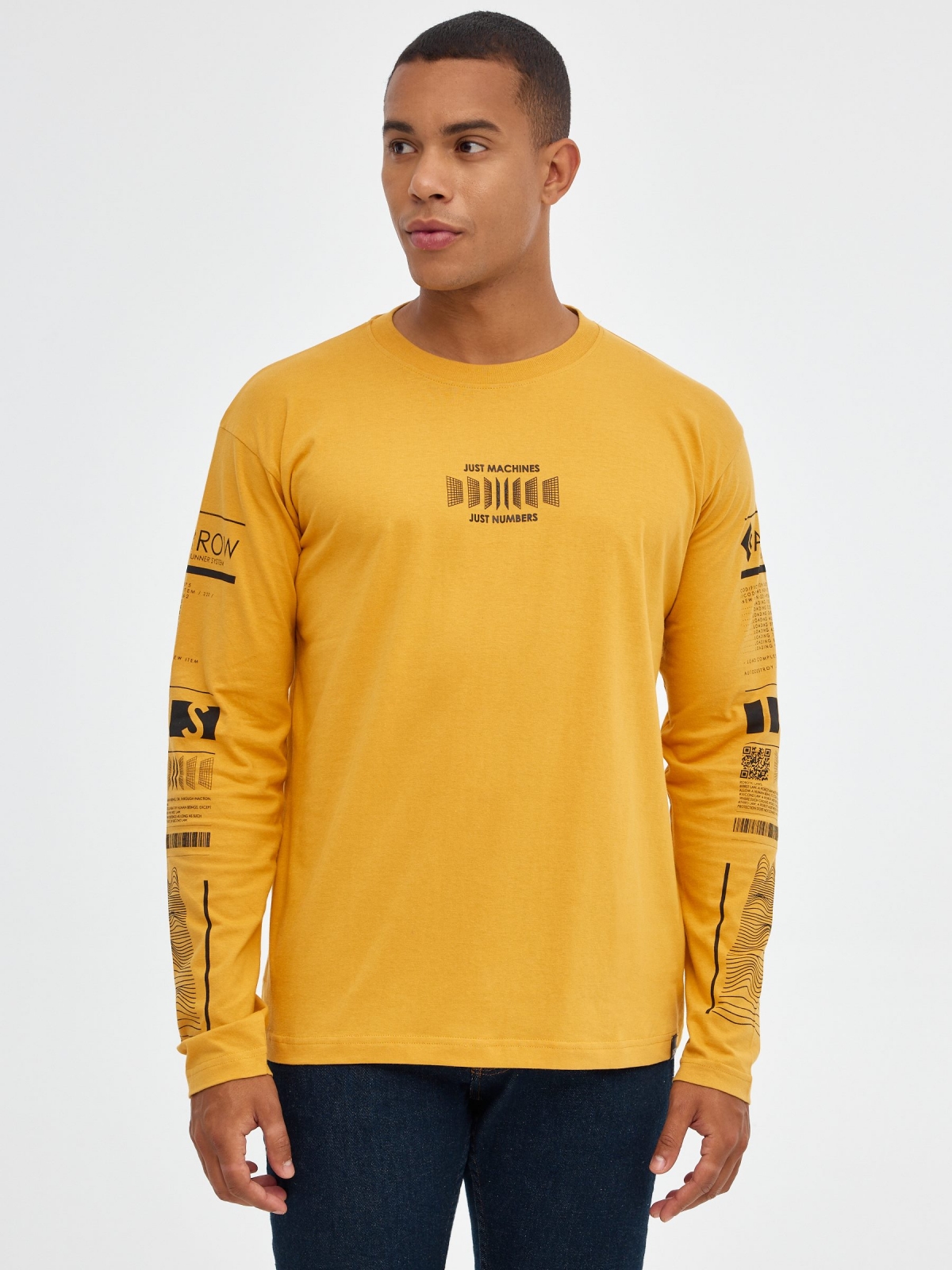 Cyber print T-shirt on sleeves ochre middle front view