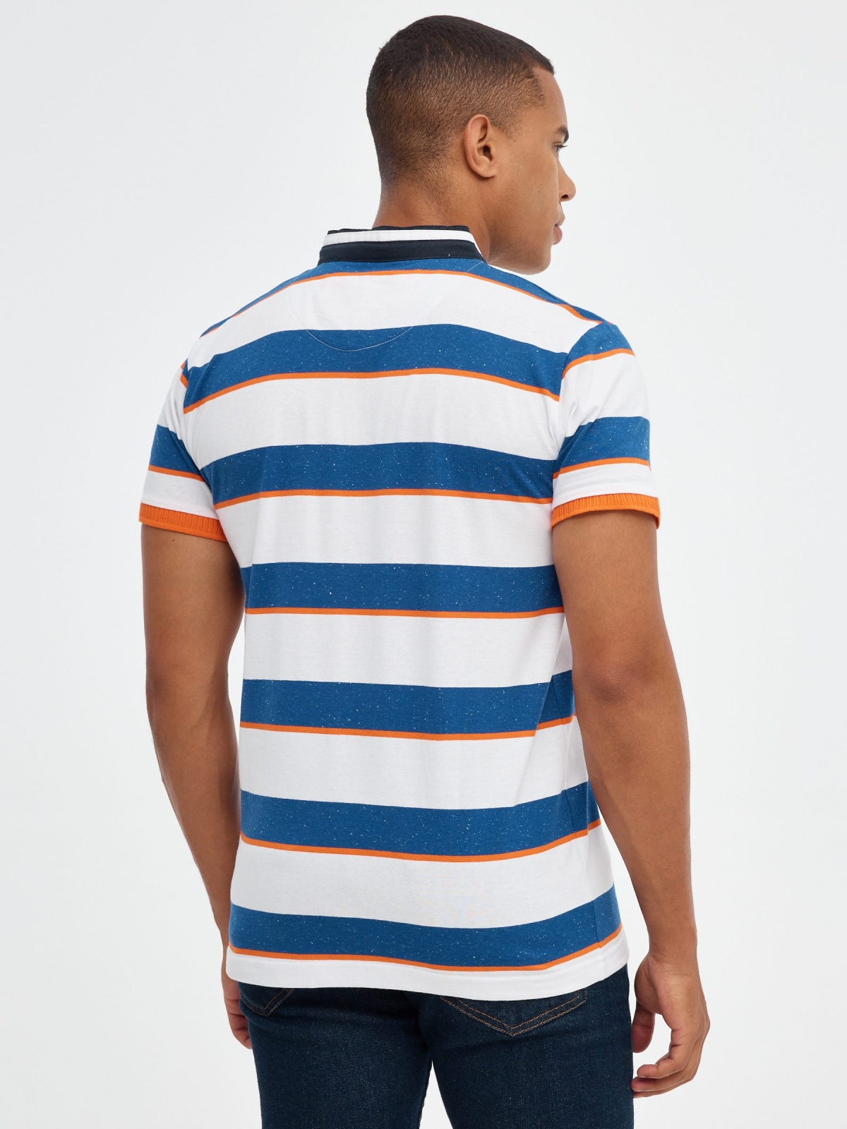 Polo mao with stripes and contrasts blue middle back view