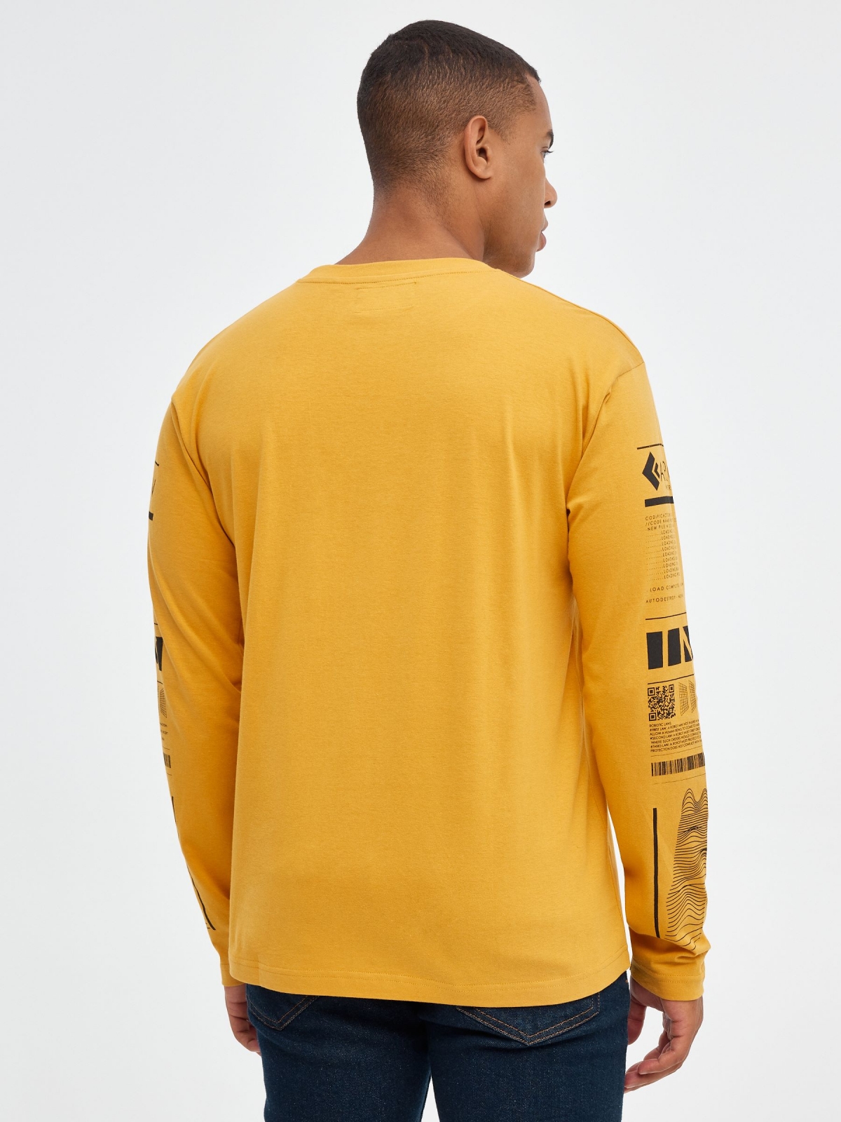 Cyber print T-shirt on sleeves ochre middle back view