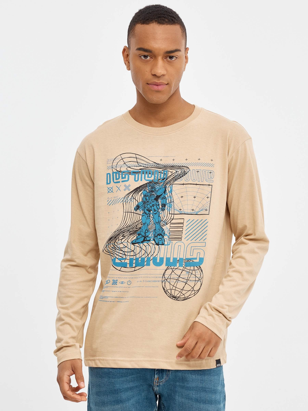 T-shirt com estampado de robô areia vista meia frontal
