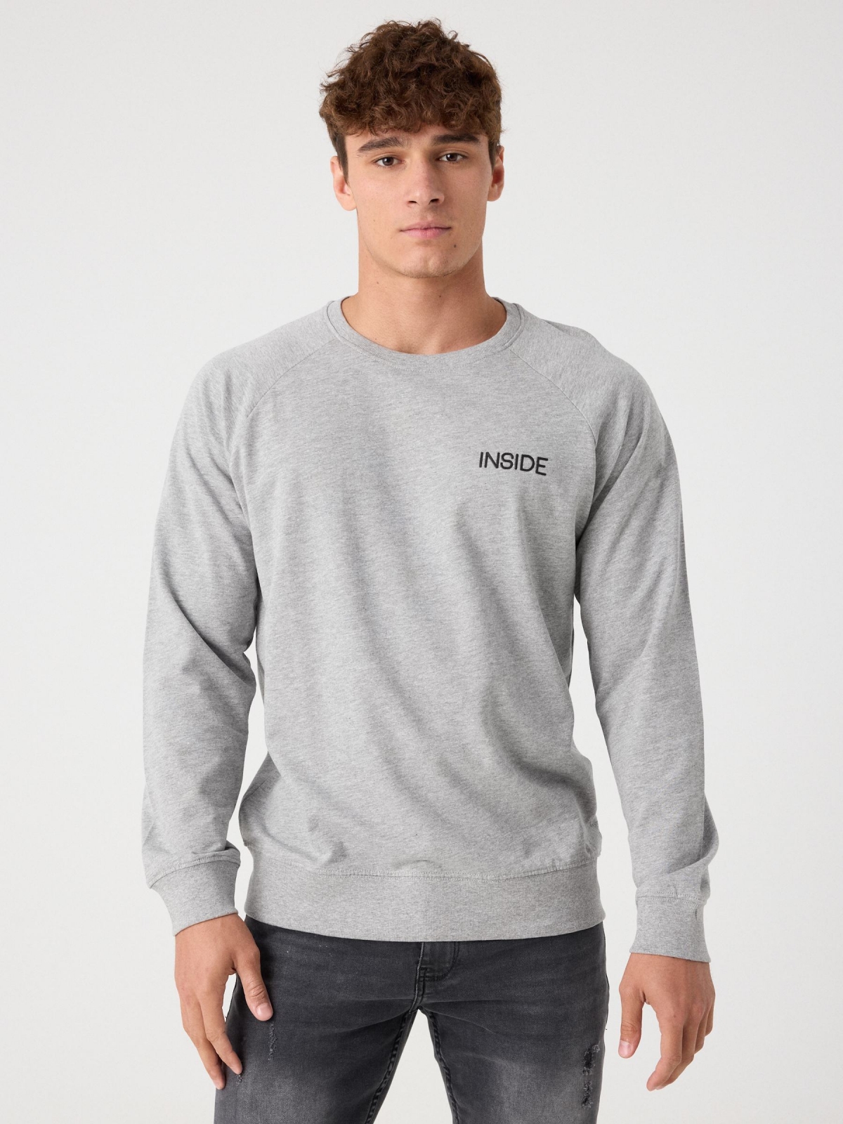 Basic sweatshirt with text melange grey middle front view