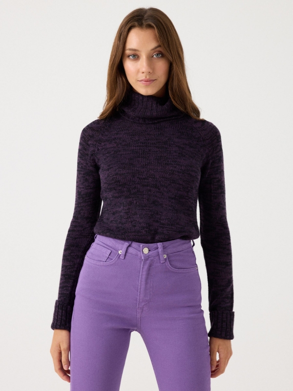 Fleece turtleneck sweater aubergine middle front view