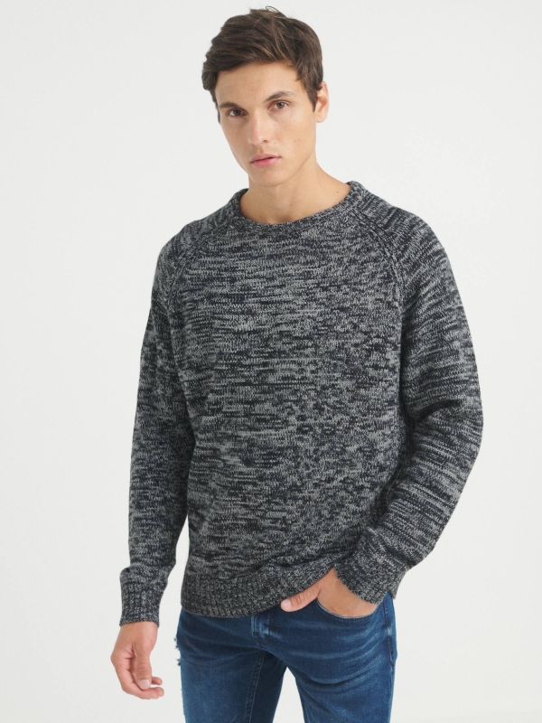 Marbled knitted sweater dark grey middle front view
