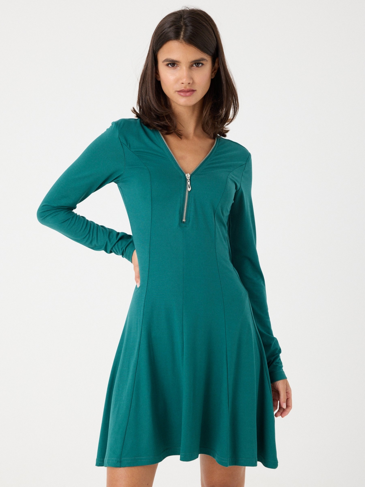Mini dress with zipper neckline green middle front view