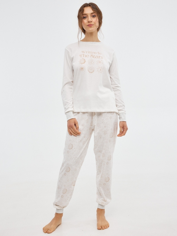 Pijama escrito nas estrelas off white vista geral frontal