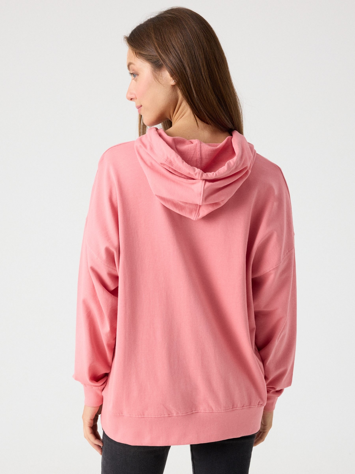Sudadera básica capucha rosa claro vista media trasera