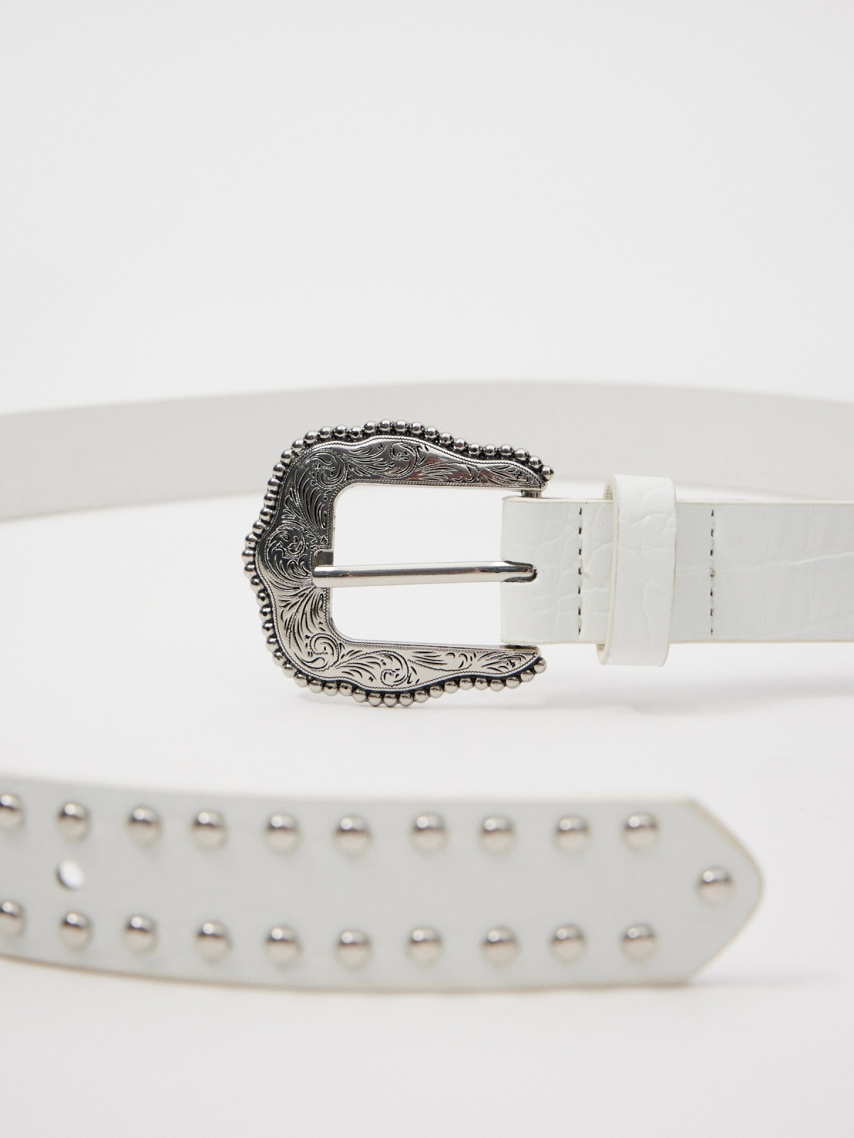 White belt with buckle and studs white detail view