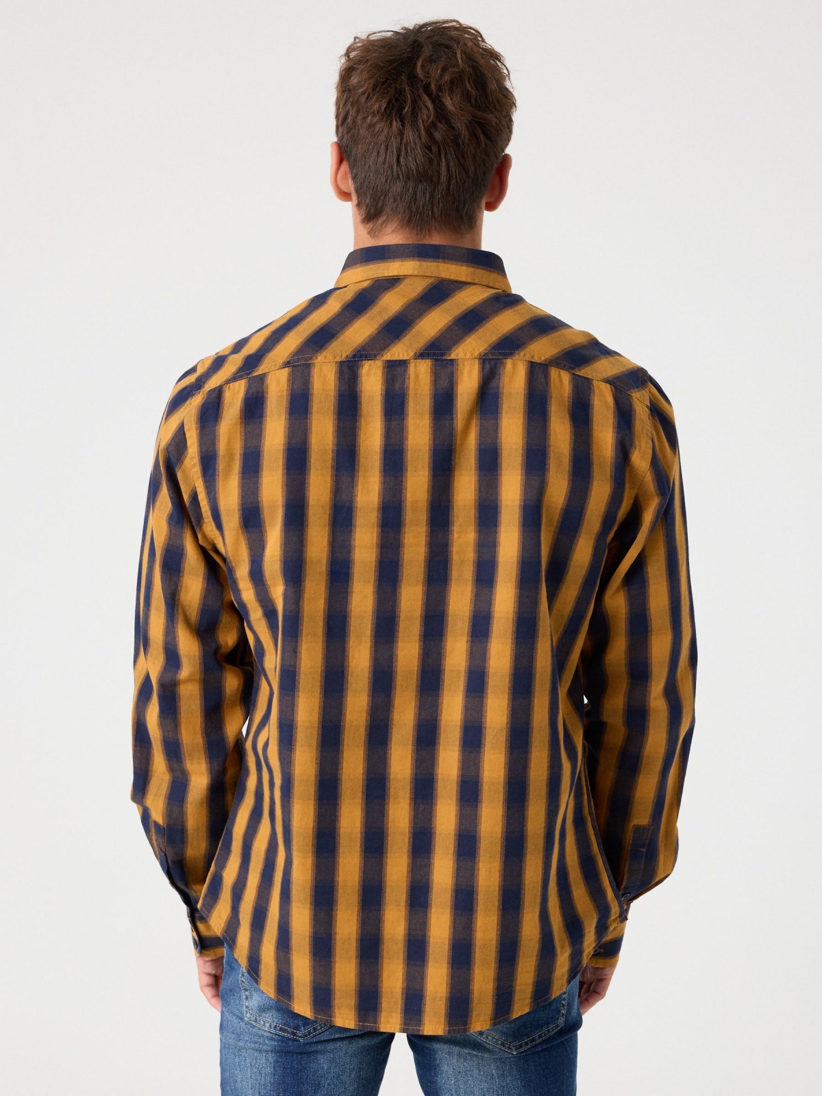 Casual plaid shirt ochre middle back view