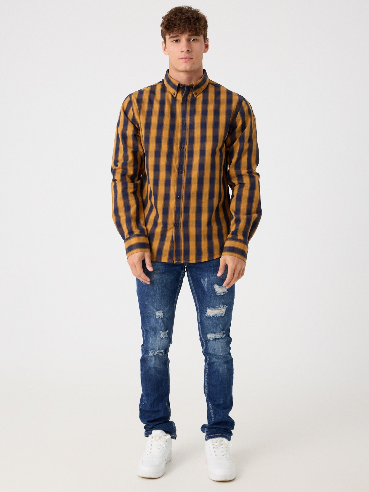 Casual plaid shirt ochre front view