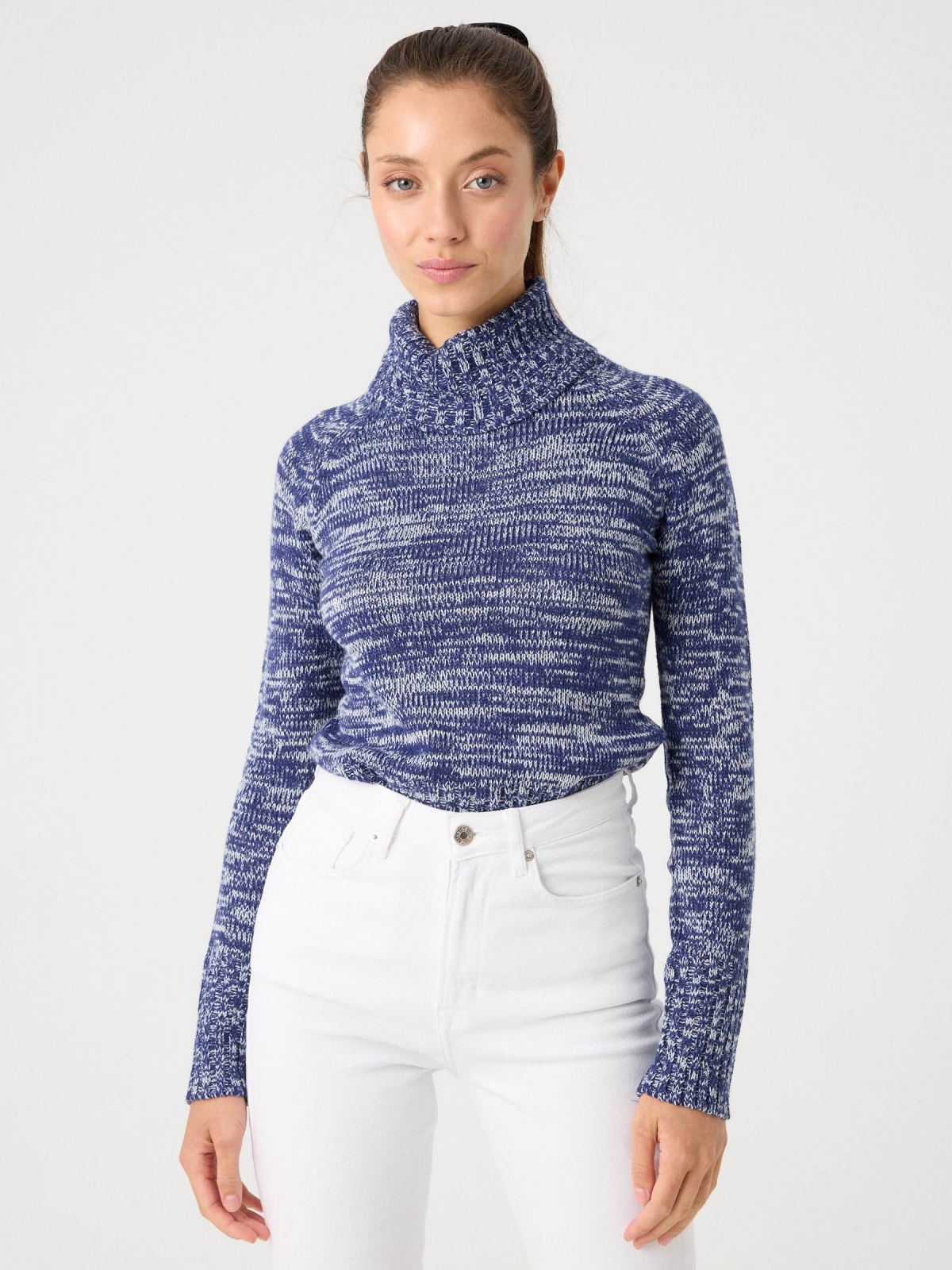 Fleece turtleneck sweater blue middle front view