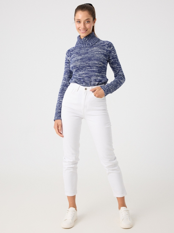 Fleece turtleneck sweater blue front view
