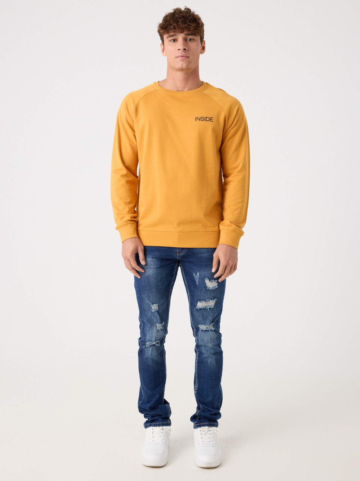 Basic sweatshirt with text ochre front view